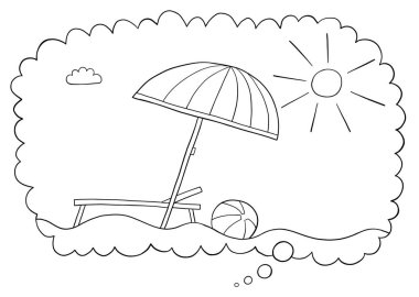 Düşünce balonunda tatil rüyasının çizgi film vektör çizimi. Siyah ve beyaz çizgili.