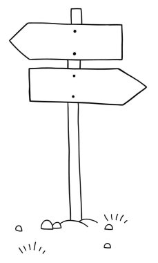 Yol işaretinin iki farklı yönü gösteren çizgi film vektör çizimi. Siyah ve beyaz çizgili.