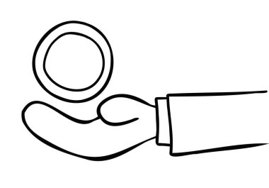 Bozuk para tutan bir iş adamının çizgi film çizimi. Siyah ve beyaz çizgili.