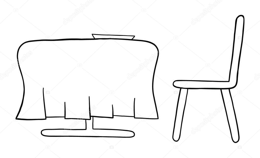 Cartoon vector illustration of dining table and chair. Black outlined and white colored.