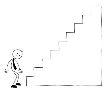 Stickman iş adamı karakteri merdivenlerin yanında ve umutsuz, vektör karikatür çizimi. Siyah ve beyaz çizgili.