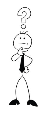 Stickman iş adamı karakterinin kafası karışmış, vektör karikatür çizimi. Siyah ve beyaz çizgili.