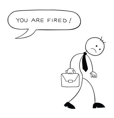 Stickman iş adamı karakteri kovuldu ve ne yazık ki vektör karikatür çiziminden ayrıldı. Siyah ve beyaz çizgili.