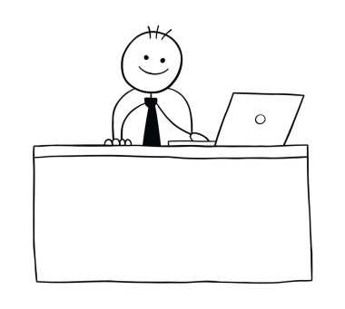 Stickman iş adamı karakteri mutlu ve masada oturuyor, vektör karikatür çizimi. Siyah ve beyaz çizgili.