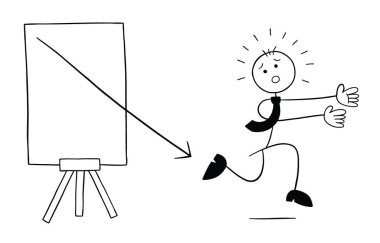 Satış grafiğinin okları çıktı ve Stickman iş adamı karakteri kaçıyor, vektör karikatür çizimi. Siyah ve beyaz çizgili.