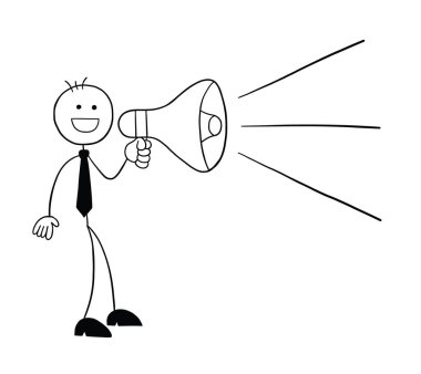 Stickman iş adamı karakteri megafon ve vektör karikatür illüstrasyonuyla duyuruyor. Siyah ve beyaz çizgili.
