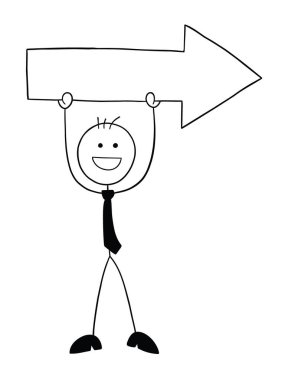Stickman iş adamı karakteri sağ ok kaldırıyor, vektör karikatür çizimi. Siyah ve beyaz çizgili.
