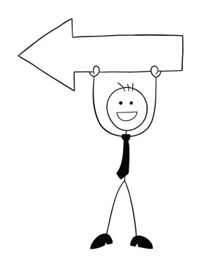 Stickman iş adamı karakteri sol ok kaldırıyor, vektör karikatür çizimi. Siyah ve beyaz çizgili.