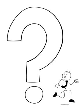 Stickman iş adamı karakteri büyük soru işaretinden korkuyor ve kaçıyor, vektör karikatür çizimi. Siyah ve beyaz çizgili.