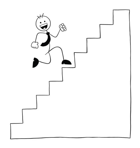 Stickman Businessman Character Happy Running Stairs Vector Cartoon Illustration Black — Stockvector