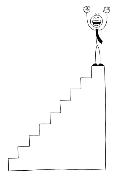 Hombre Negocios Stickman Personaje Parte Superior Las Escaleras Muy Feliz — Archivo Imágenes Vectoriales