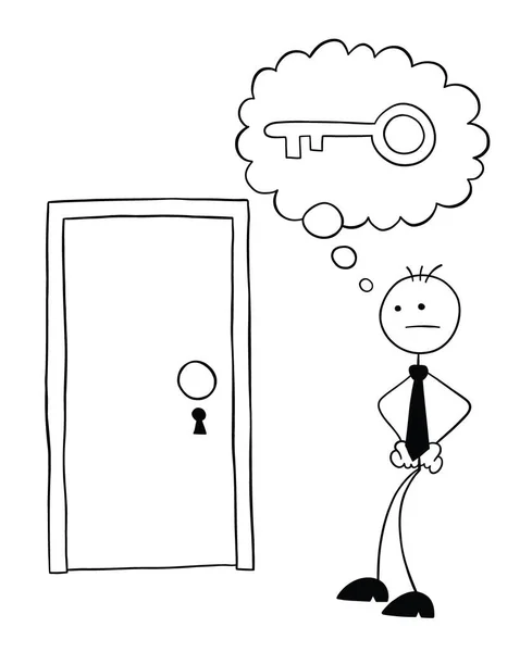 ロックされたドアの前にスティックマンビジネスマンの文字がないキー ベクトル漫画のイラスト 黒の輪郭と白 — ストックベクタ
