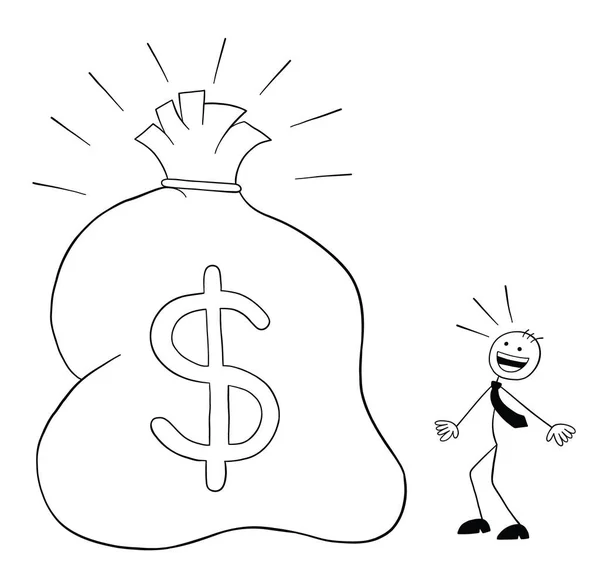 Stickman Businessman Character See Huge Sack Dollars Surprised Vector Cartoon — Stock Vector