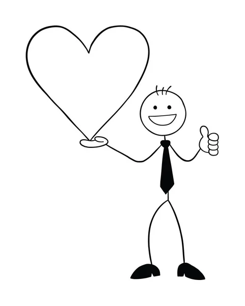 Stickman Businessman Character Holding Heart Symbol Giving Thumbs Vector Cartoon — Stockvector
