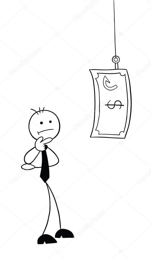 Stickman businessman character confused about fishing rod and dollar money bait, vector cartoon illustration. Black outlined and white colored.