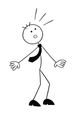 Stickman iş adamı karakteri bakıyor ve şaşırıyor, vektör karikatür çizimi. Siyah ve beyaz çizgili.