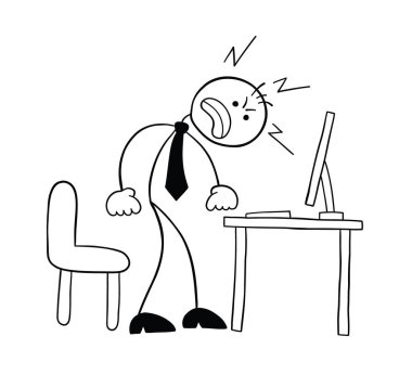 Stickman iş adamı karakteri bilgisayara kızıyor, vektör karikatür çizimi. Siyah ve beyaz çizgili.