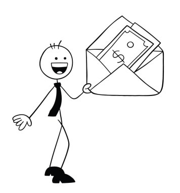 Stickman iş adamı karakteri bir zarf tutuyor ve içinde para var, vektör karikatür çizimi. Siyah ve beyaz çizgili.