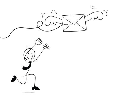Stickman iş adamı karakteri uçan zarfı yakalamaya çalışıyor, vektör karikatür çizimi. Siyah ve beyaz çizgili.