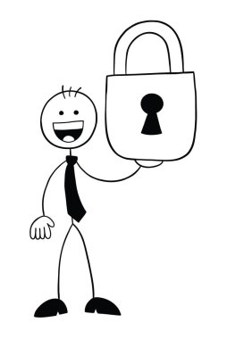 Stickman iş adamı karakteri mutlu ve elinde asma kilit var, vektör karikatür çizimi. Siyah ve beyaz çizgili.
