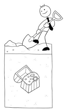 Stickman işadamı karakteri toprağın altında büyük bir hazine ve vektör karikatür çizimi kazıyor. Siyah ve beyaz çizgili.