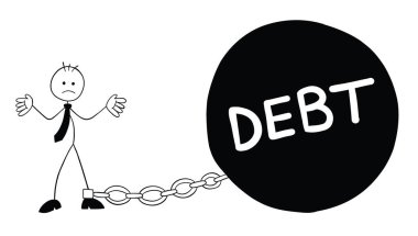 Stickman iş adamı karakteri iflas etmiş ve borç ağırlığına zincirlenmiş, vektör karikatür çizimi. Siyah ve beyaz çizgili.