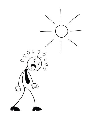 Stickman iş adamı karakteri sıcak havada yürüyor ve dili dışarıda, vektör karikatür çizimi. Siyah ve beyaz çizgili.