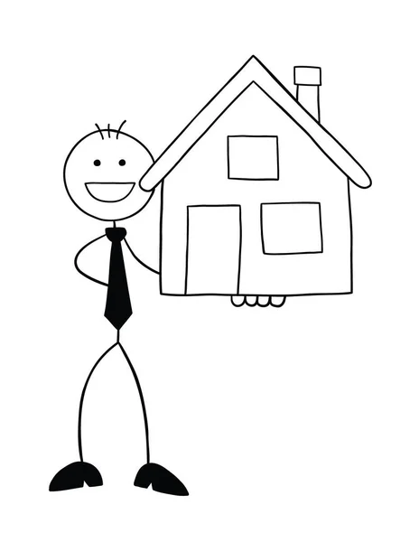 Stickman Businessman Character Happy Holding House Vector Cartoon Illustration Black — Wektor stockowy