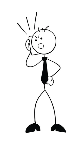 Stickman Adamı Karakteri Kızgın Telefonda Konuşuyor Vektör Karikatür Çizimi Siyah — Stok Vektör