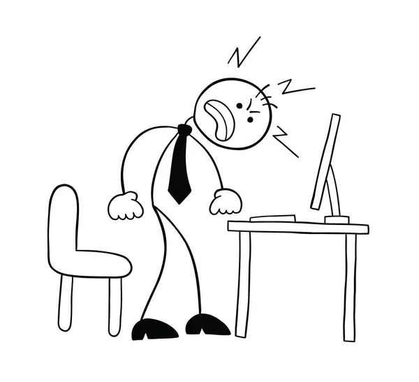 Stickman Adamı Karakteri Bilgisayara Kızıyor Vektör Karikatür Çizimi Siyah Beyaz — Stok Vektör