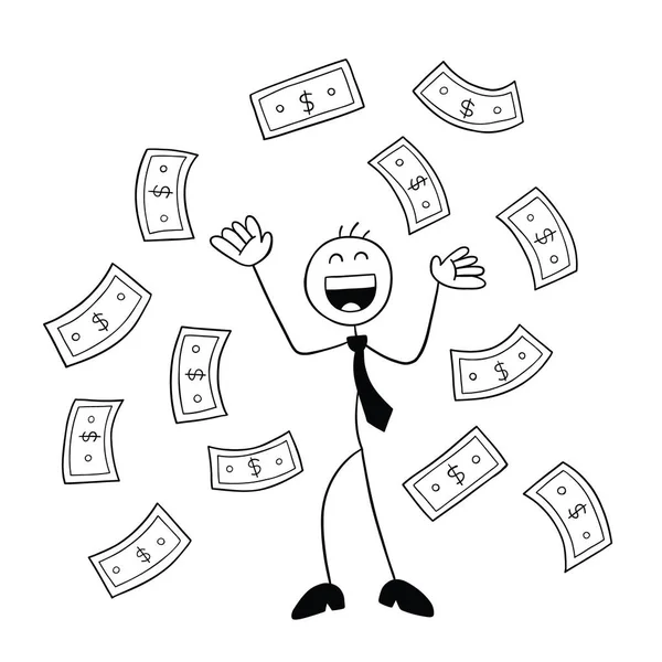 Stickman Businessman Character Happy Paper Moneys Floating Air Vector Cartoon — Stockový vektor