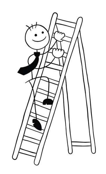 木製のはしご ベクトル漫画のイラストを登るスティックマンビジネスマンの文字 黒の輪郭と白 — ストックベクタ