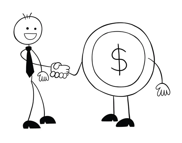 Stickman Businessman Character Shaking Hands Dollar Coin Vector Cartoon Illustration — Stockový vektor