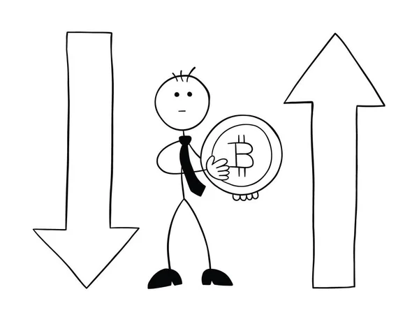 Stickman Homme Affaires Personnage Tenant Bitcoin Pièce Avec Des Flèches — Image vectorielle