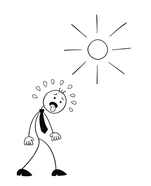 Stickman Adamı Karakteri Sıcak Havada Yürüyor Dili Dışarıda Vektör Karikatür — Stok Vektör