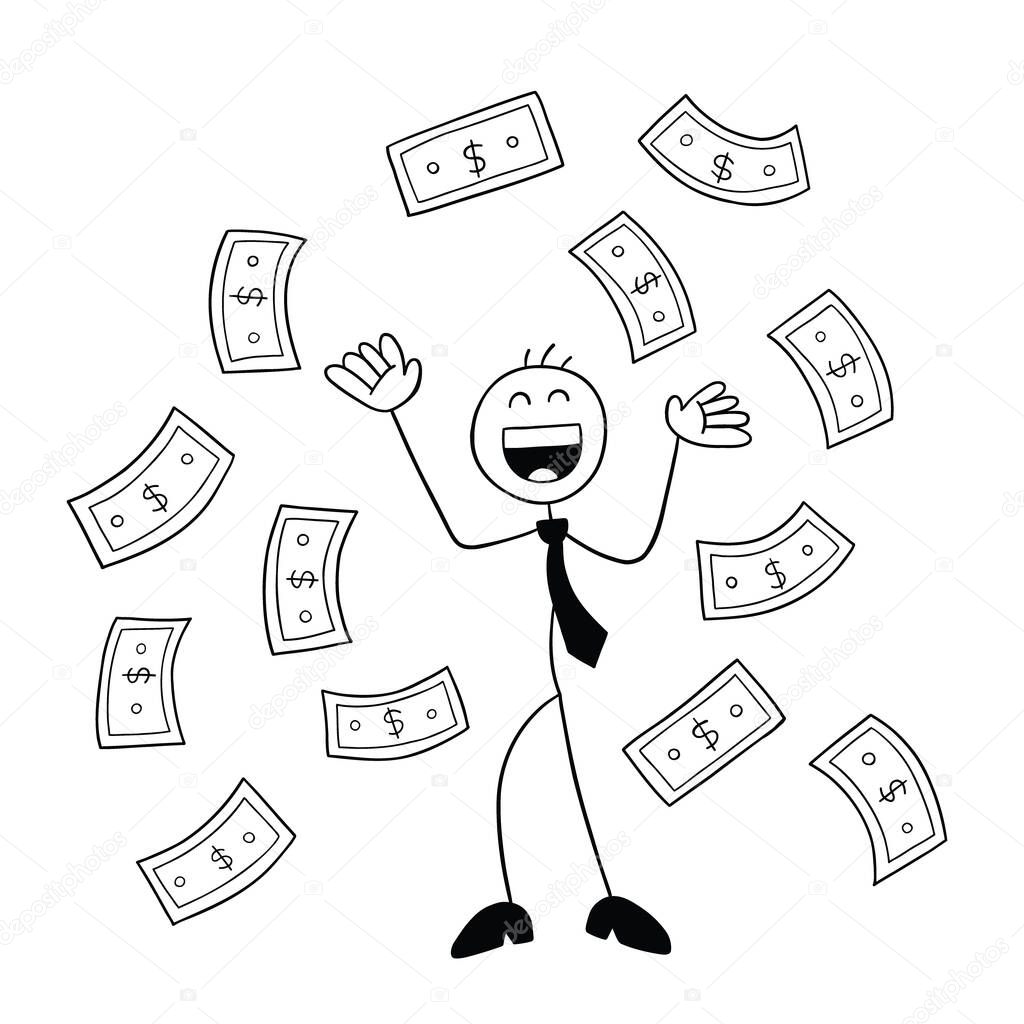 Stickman businessman character happy and paper moneys floating in air, vector cartoon illustration. Black outlined and white colored.