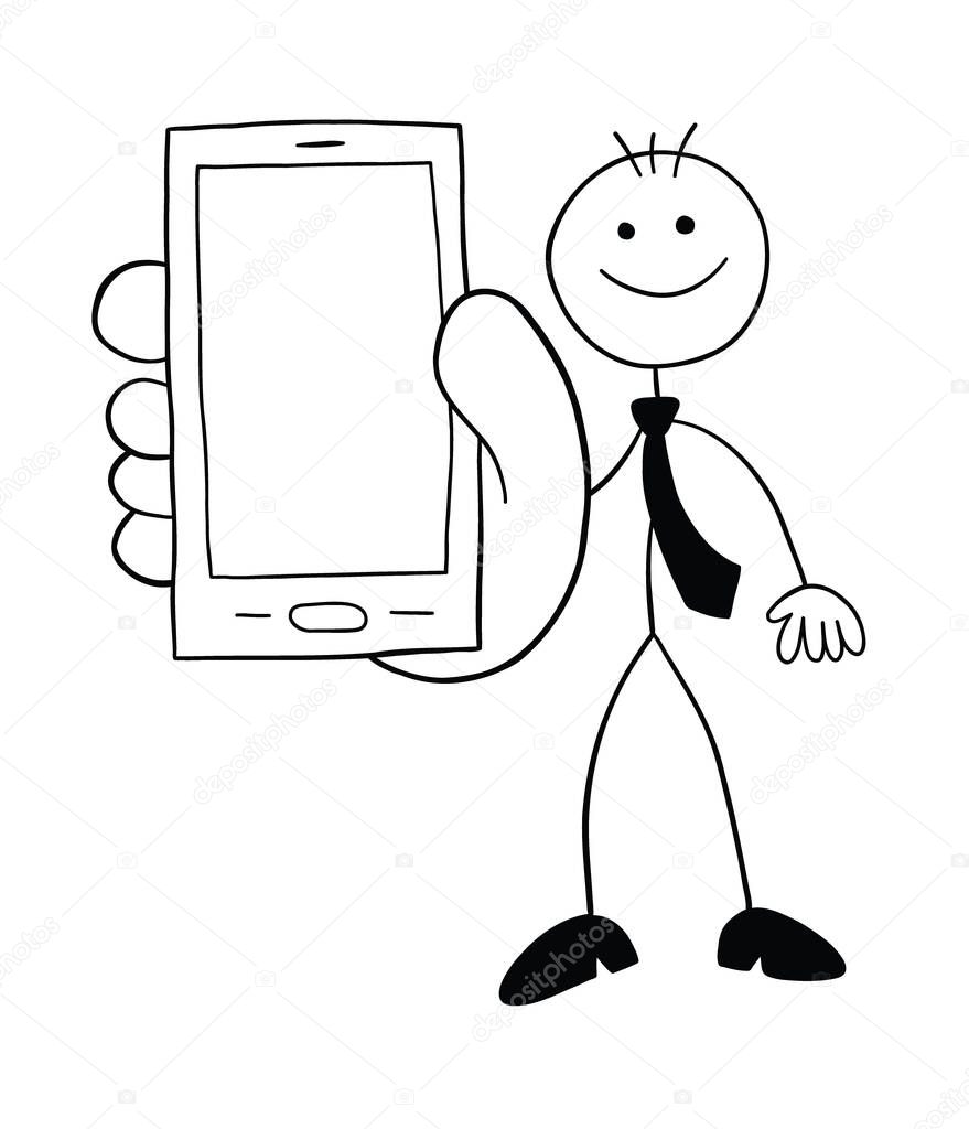 Stickman businessman character showing the smartphone screen, vector cartoon illustration. Black outlined and white colored.
