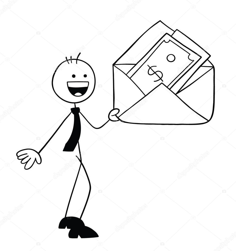 Stickman businessman character holding an envelope and there are moneys in it, vector cartoon illustration. Black outlined and white colored.