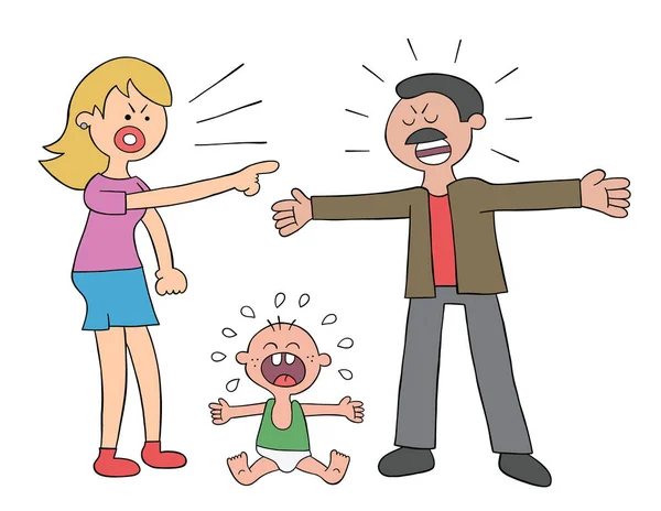 Cartoon Parents Fighting Baby Crying Vector Illustration Colored Black Outlines — Stockový vektor