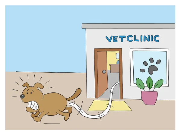Cartoon Dog Scared Runs Away Vet Clinic Vector Illustration Colored — Stockvector