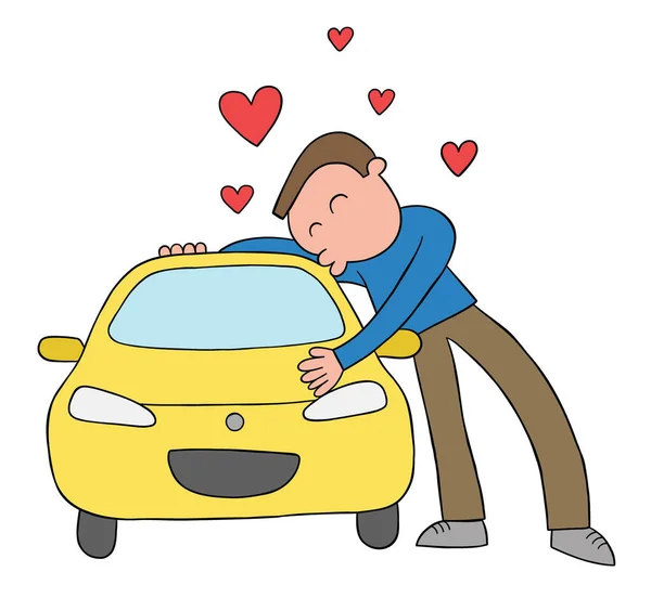 Cartoon Man Loves His Car Hugs Kisses Vector Illustration Colored — Stockvector