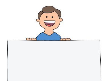 Çizgi filmdeki adam boş tabela tutuyor, vektör çizimi. Renkli ve siyah çizgiler.