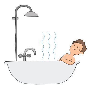 Çizgi filmci küvette banyo yapıyor ve çok mutlu, vektör çizimi. Renkli ve siyah çizgiler.