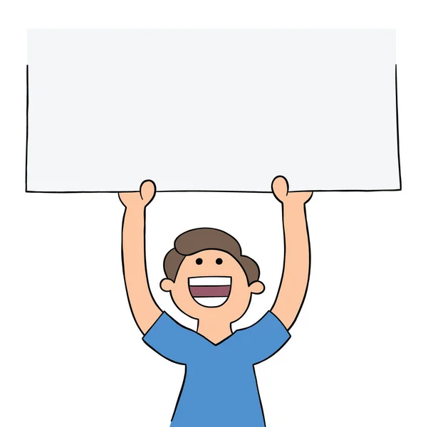 Cartoon Man Holding Blank Sign Upwards Vector Illustration Colored Black — Stock Vector