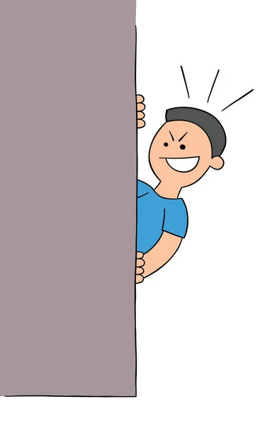 Cartoon Sneaky Man Hiding Wall Vector Illustration Colored Black Outlines — Stock Vector