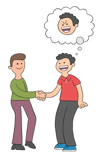 Karikatur Zwei Männer Schütteln Hände Und Sehen Glücklich Aus Aber — Stockvektor