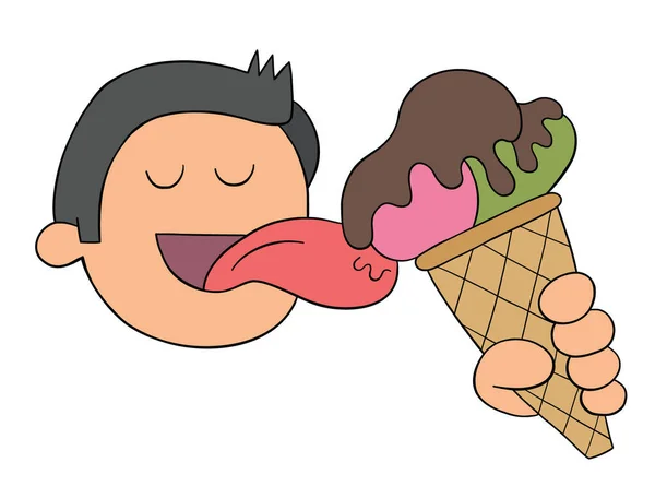 Cartoon Man Licks Ice Cream Vector Illustration Colored Black Outlines — Stock Vector
