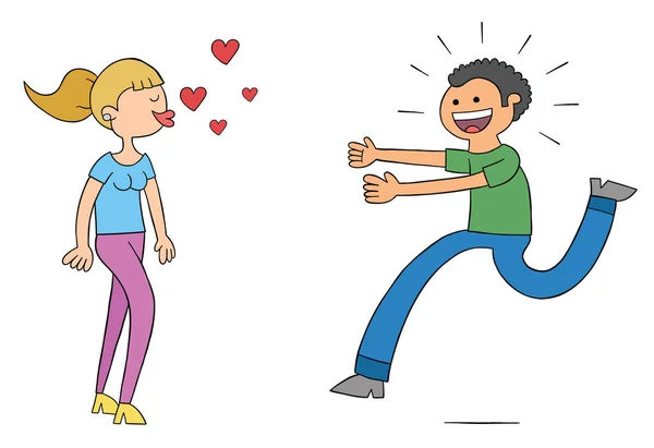 Cartoon Woman Blows Kisses Man Runs Her Very Excited Vector — Stockový vektor