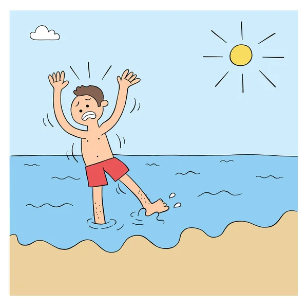 Homem Dos Desenhos Animados Não Sabe Nadar Tem Medo Mar — Vetor de Stock