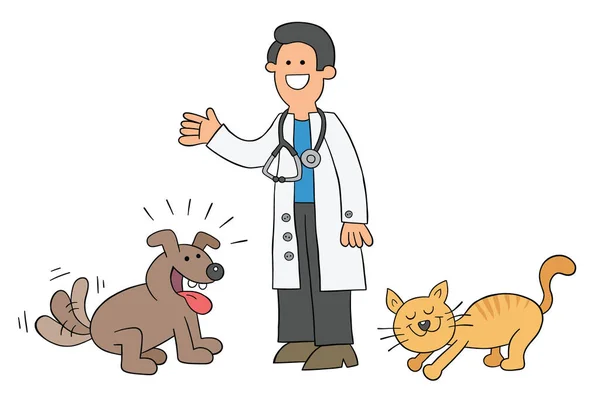 Desenhos Animados Veterinário Está Com Gato Cão Eles Estão Muito —  Vetores de Stock